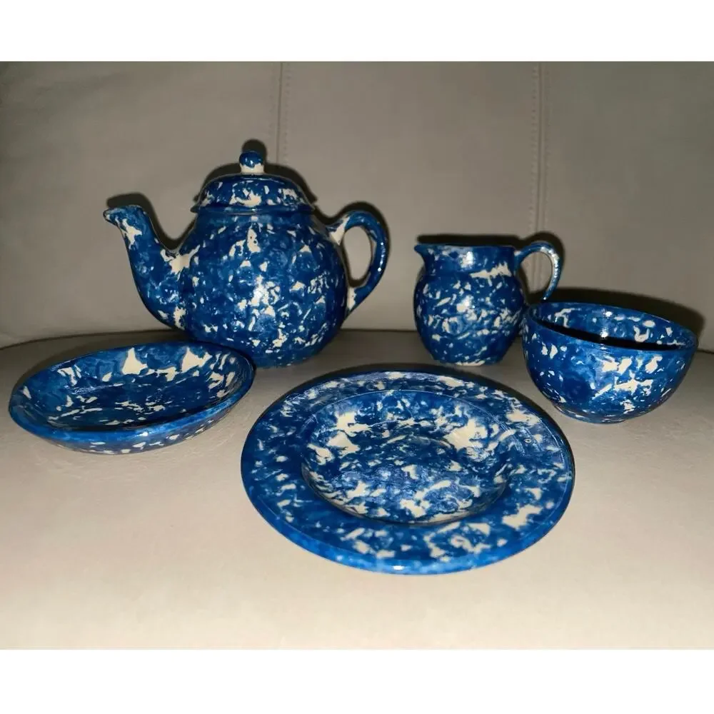Rare 1987 Signed Barb Hall Miniature 5pc Blue Spongeware Tea Set 